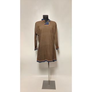 Tunika cienka bawełniana brązowa, obszuta beżowa lamówką i niebieskim materiałem