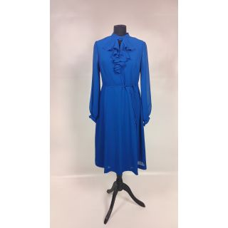 Sukienka kobaltowa szyfonowa z żabotem