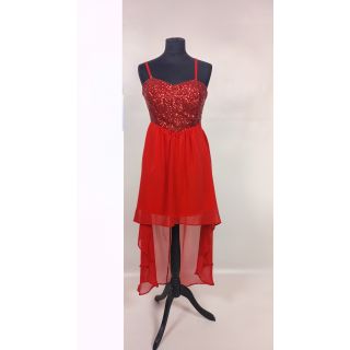 Sukienka czerwona, asymetryczna, na ramiączkach, z cekinowym gorsetem