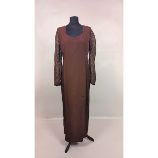 Sukienka długa, brązowa, z przeźroczystymi, wzorzystymi rękawami oraz plecami