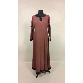 Sukienka bawełniana sprany brąz/bordo, długa z czarnymi obszyciami na rękawach i na dole