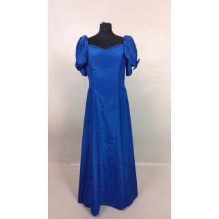 Sukienka balowa niebieska, z kokardami przy rękawach, długa, krótkie rękawy